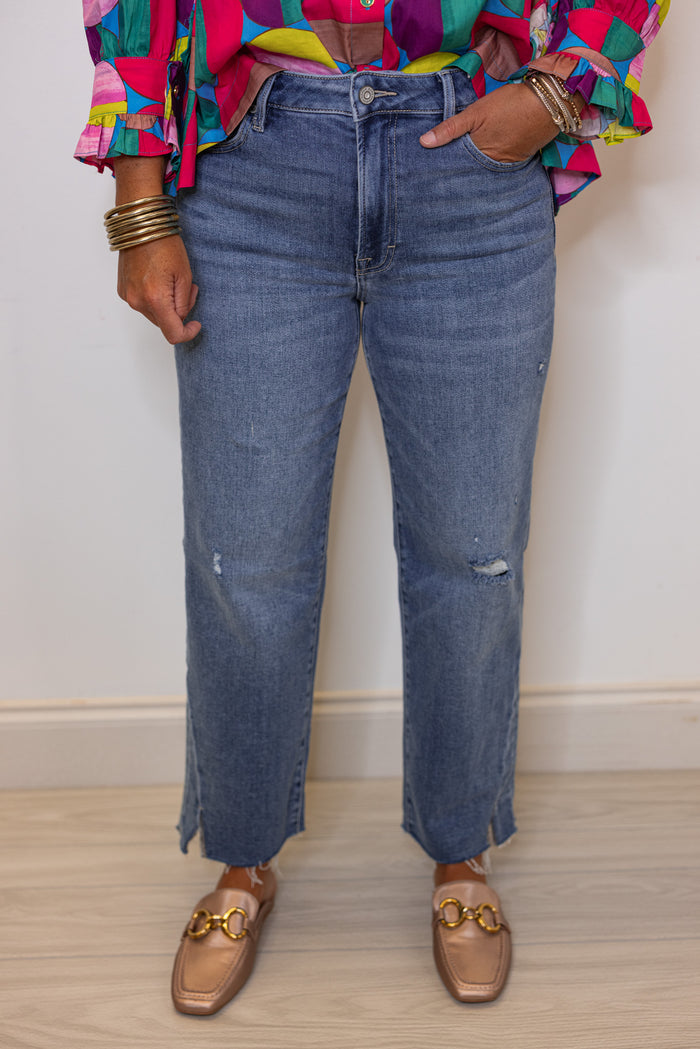 Women's trendy Hidden Jeans Tracy hem slit cropped straight jeans in medium dark denim
