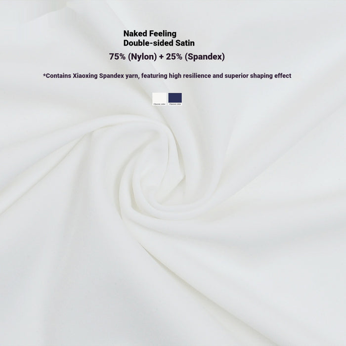 White satin fabric with product details on a white background