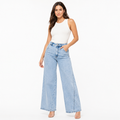 High rise wide leg jeans in light wash denim shown from back with pocket detail, high waist and relaxed full length fit today