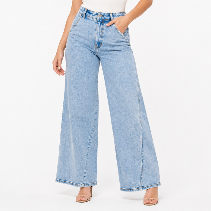 High waist wide leg jeans front view with stretch denim blend, belt loops, pockets and clean everyday blue wash style now fit
