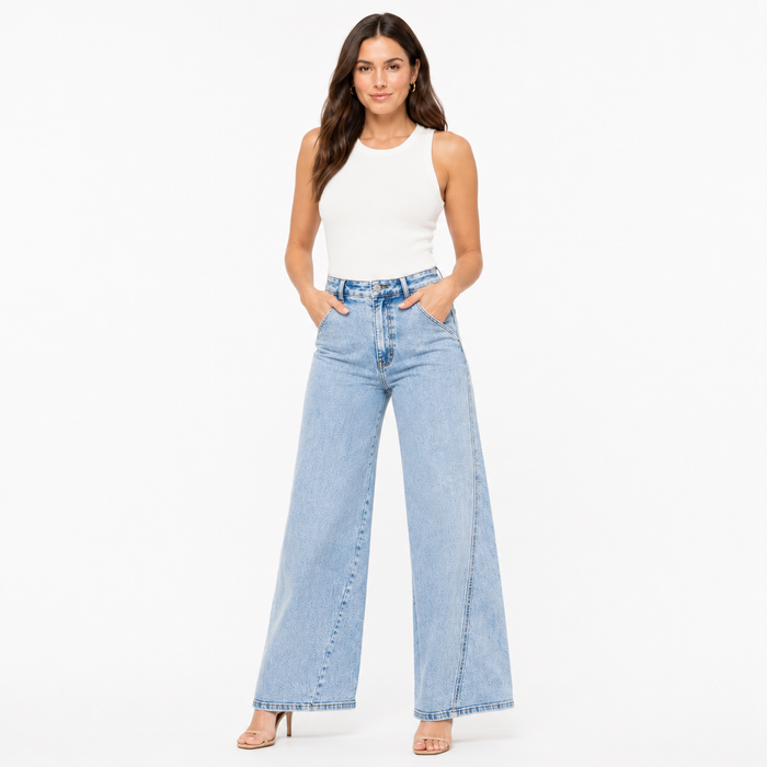 Women high rise wide leg jeans with pocketed basic style, slight stretch and modern light wash for casual outfits daily style
