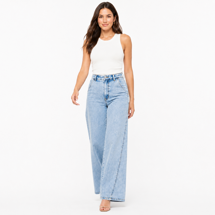 Plus size wide leg jeans in cotton blend denim with high waist, skewed inseam and easy styling for day to night wear style no
