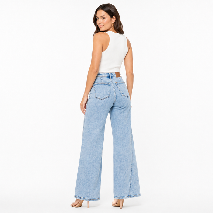Women wide leg jeans with high rise waist, classic pockets, belt loops and skewed inseam design in light blue denim detail fi