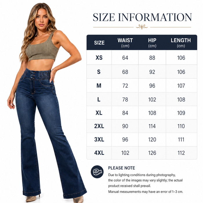 Light blue high-rise stretch denim trousers for women with flared full-length leg and clean daily styling for polished looks.