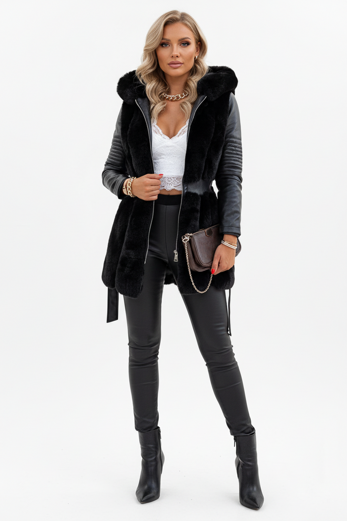 Gray hooded faux fur coat for women seen front-facing with hood, zip closure, long hem and fitted black trousers outfit view.