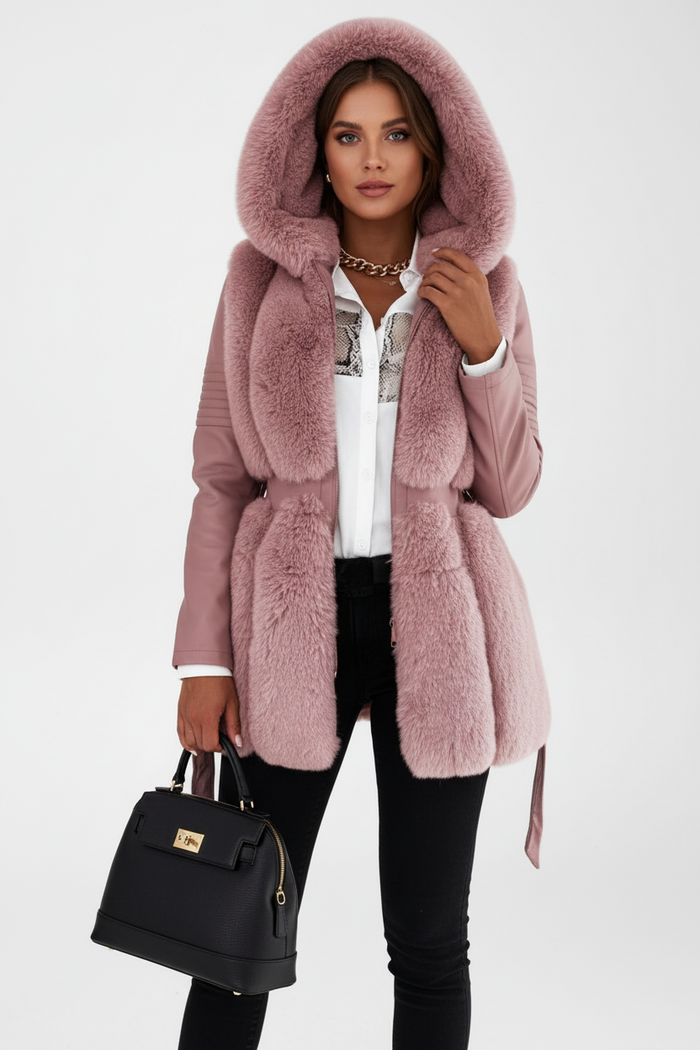Belted faux fur coat for women with hood, contrast sleeves, zip front and long-line design in a polished studio product view.