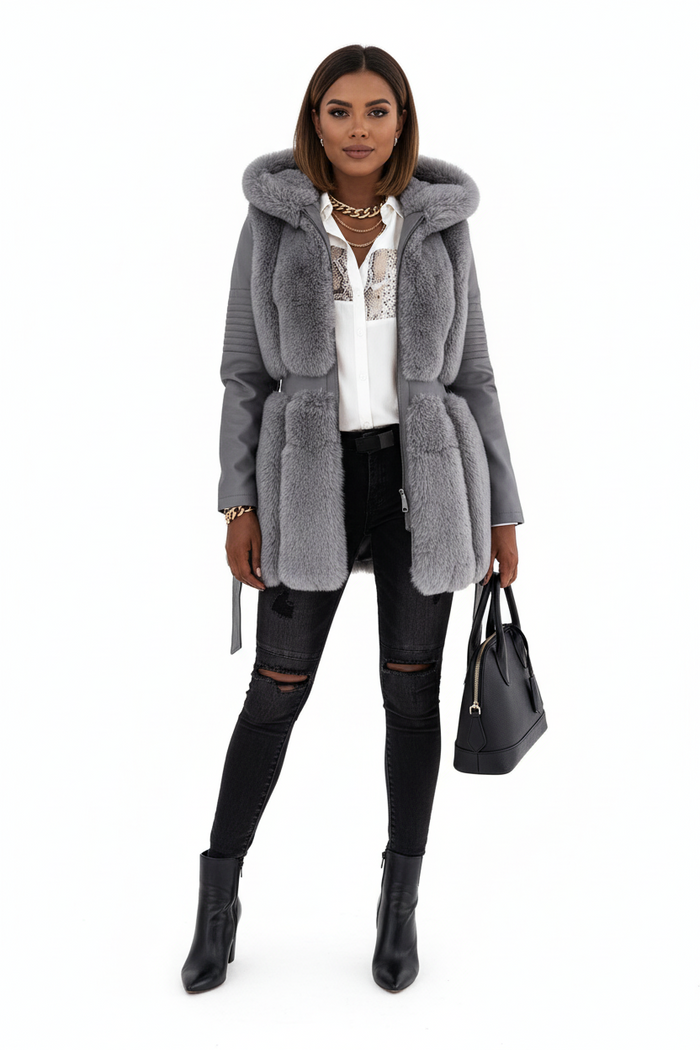 Gray women's faux fur coat with hood and waist belt shown from front for a clearer view of its longline outerwear silhouette.