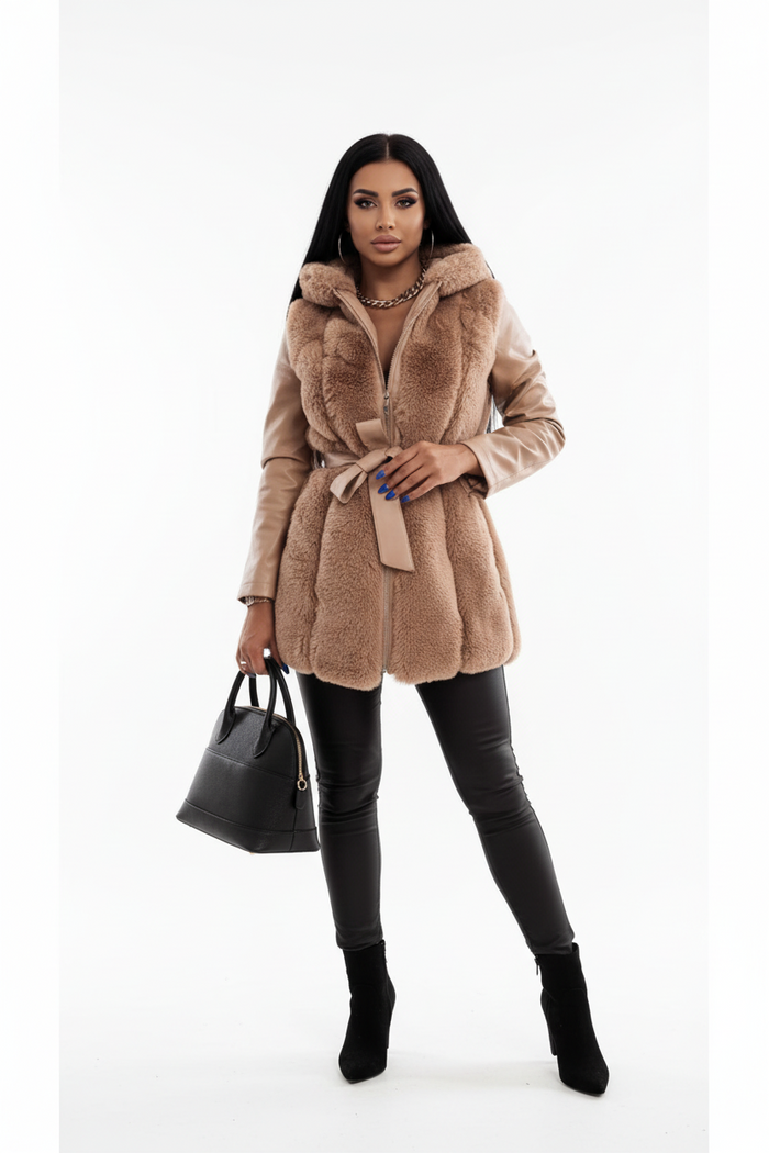Women's belted faux fur coat shown front-facing with hood, zip closure and defined waist for everyday outerwear styling view.