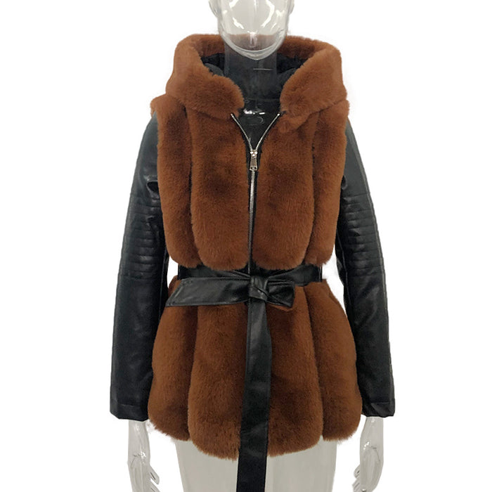 Black hooded faux fur coat for women shown full length with zip front, fur trim and fitted trousers in a clean studio outfit.