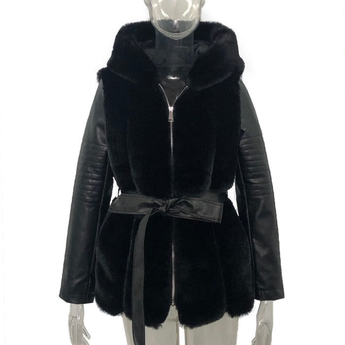 Gray hooded faux fur coat shown front-facing with zip closure, longline hem and hood for clear women's outerwear view detail.