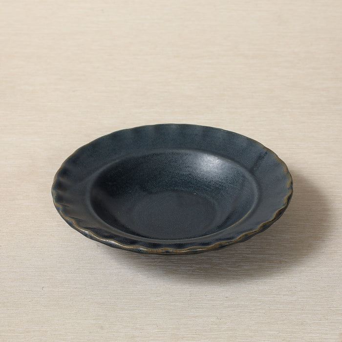 Indigo glaze stoneware rim soup or pasta bowl with fluted edge