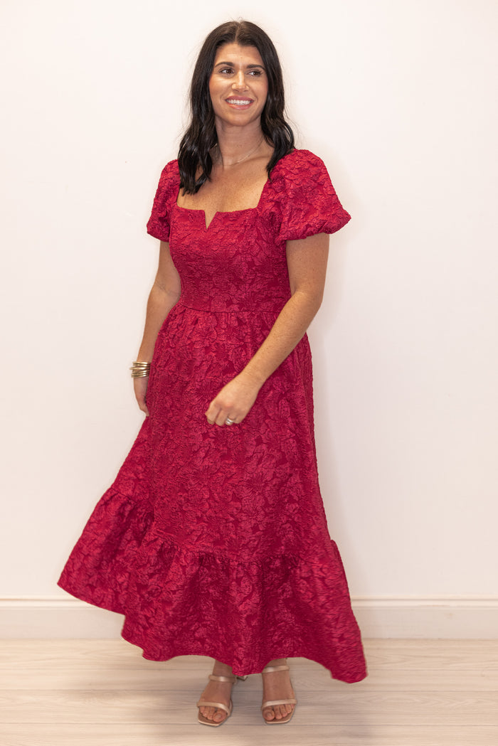 Jacie Jacquard Burgundy Midi Dress