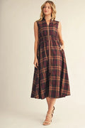 Jodifl Sleeveless Front Zip Plaid Midi Dress In Brown