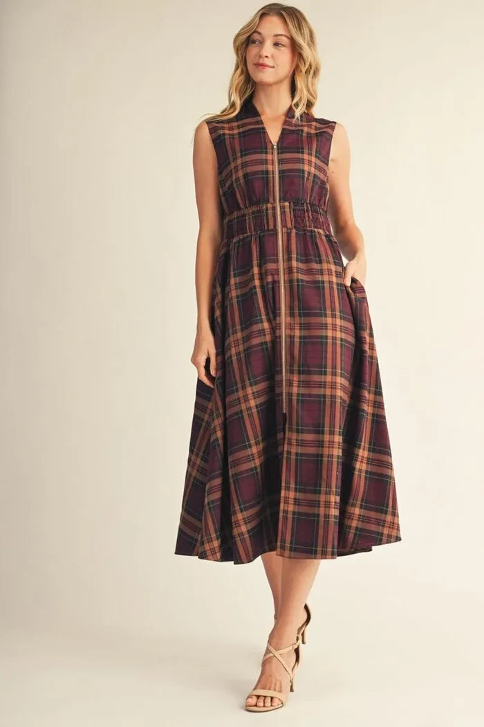 Jodifl Sleeveless Front Zip Plaid Midi Dress In Brown