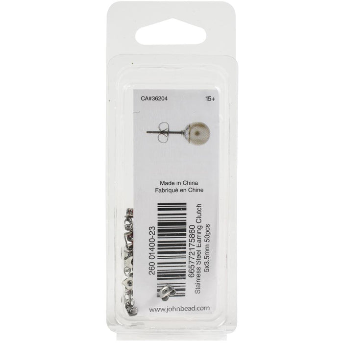 John Bead - Stainless Steel Earring Clutch 50/Pkg 5x3.5mm. Available in Bowmanville Ontario Canada. Shop online embellishaway.ca