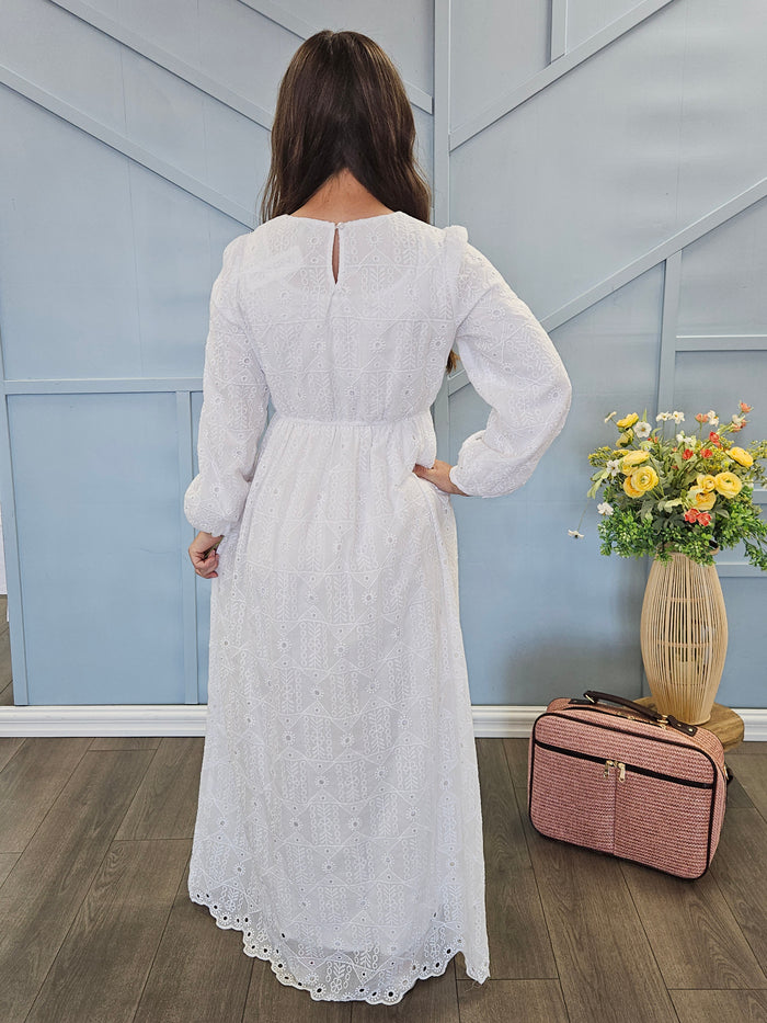 White eyelet dress with keyhole button.