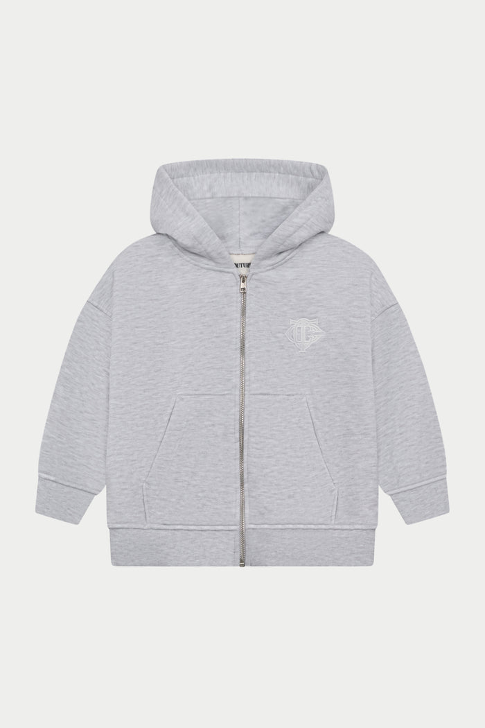 JUNIOR ZIP THROUGH EMBLEM APPLIQUE HOODIE - GREY MARL