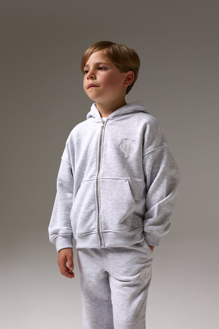 JUNIOR ZIP THROUGH EMBLEM APPLIQUE HOODIE - GREY MARL