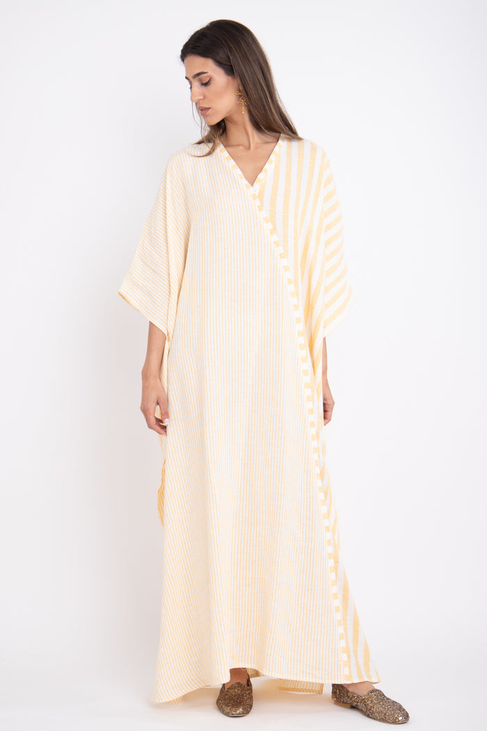Kawkab Linen Striped Yellow Kaftan