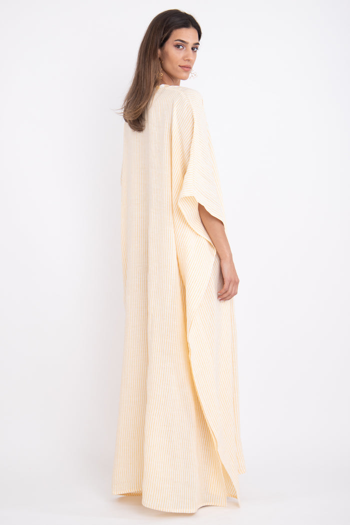Kawkab Linen Striped Yellow Kaftan