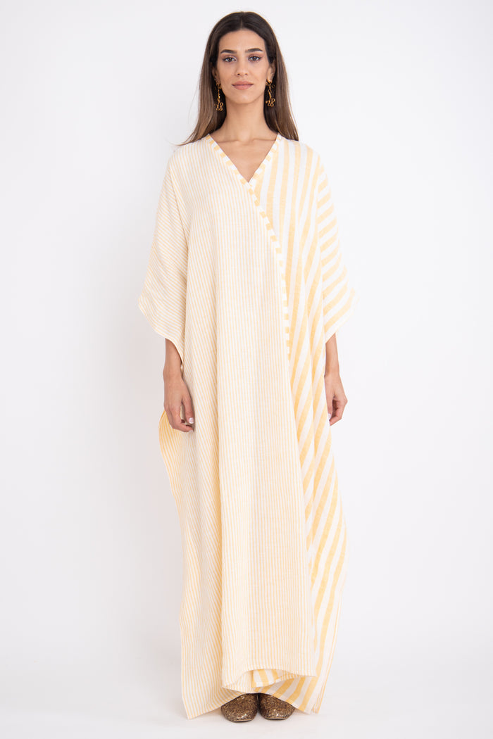 Kawkab Linen Striped Yellow Kaftan