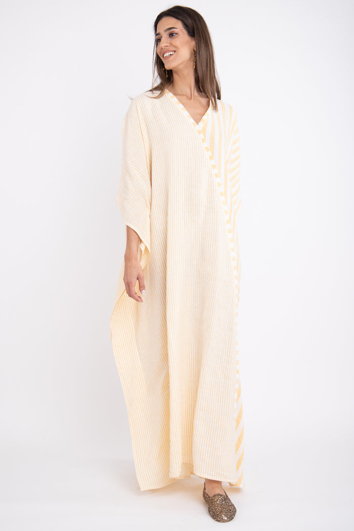 Kawkab Linen Striped Yellow Kaftan