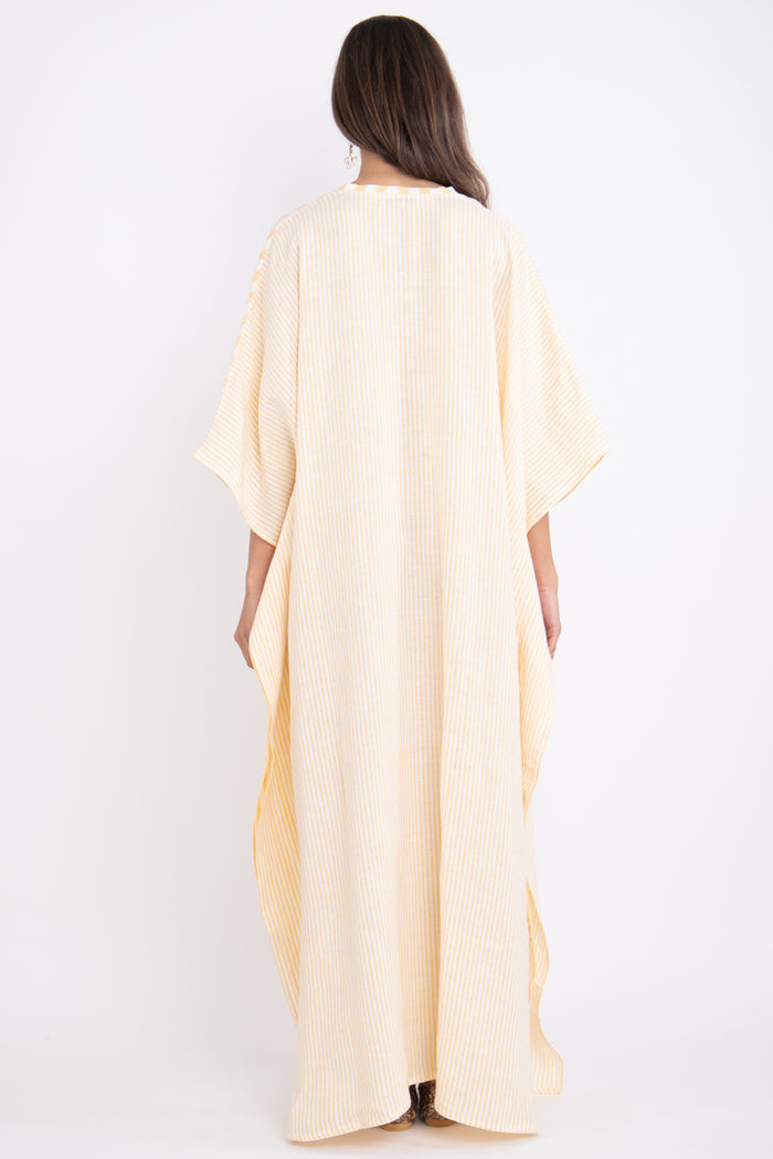 Kawkab Linen Striped Yellow Kaftan