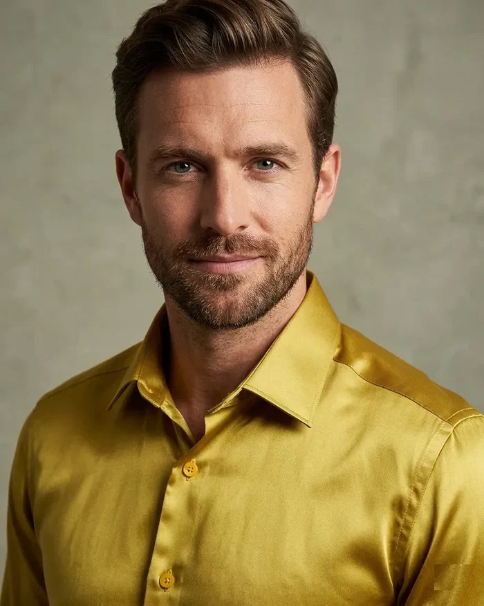 Man wearing a yellow satin shirt against a neutral background