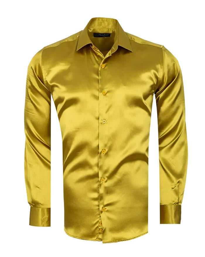 Khaki Shiny Plain Satin Classic Men’s Shirt-Makrom