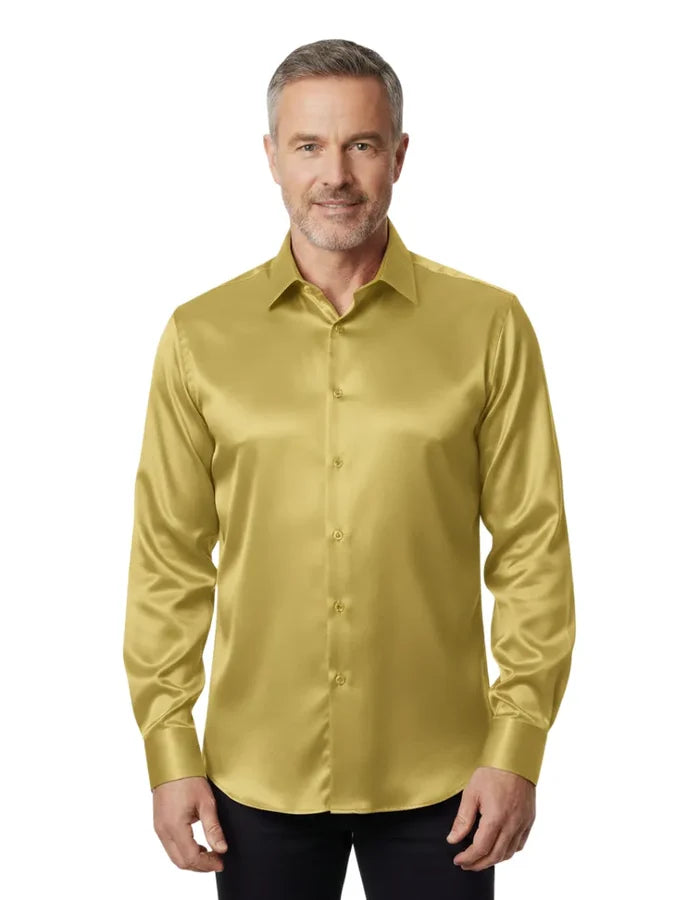 Khaki Shiny Plain Satin Classic Men’s Shirt-Makrom