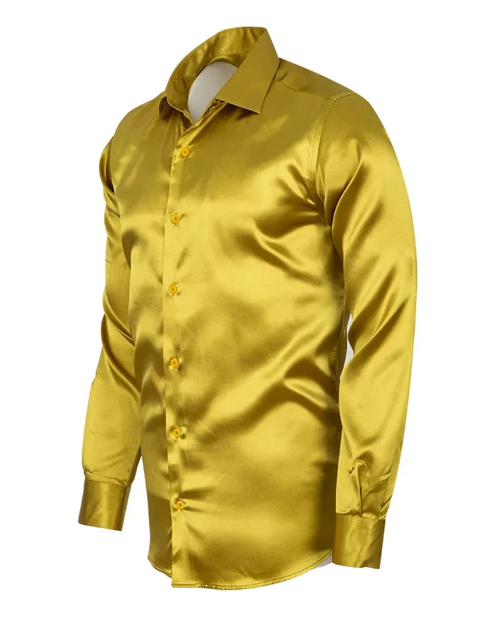Khaki Shiny Plain Satin Classic Men’s Shirt-Makrom