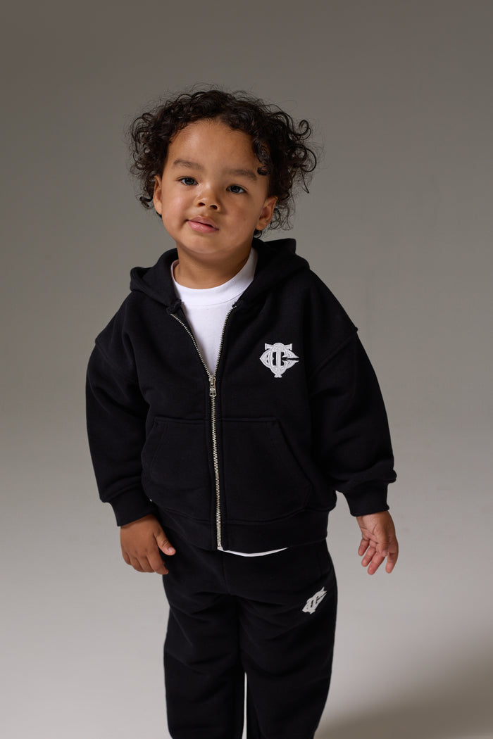 KIDS ZIP THROUGH MONOGRAM EMBLEM APPLIQUE HOODIE - BLACK