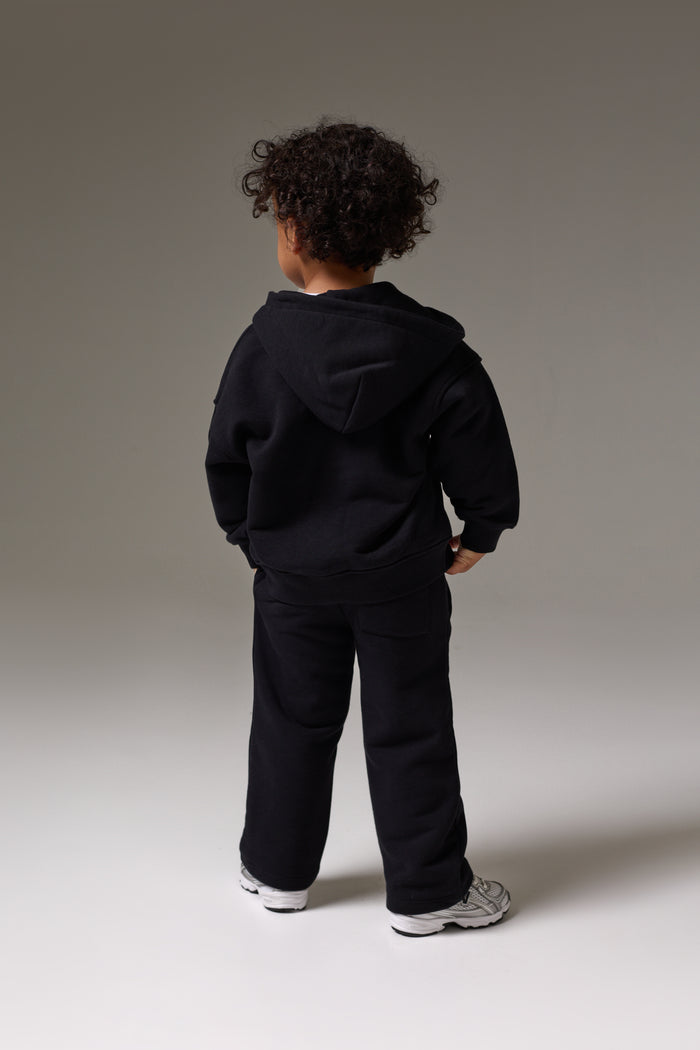 KIDS ZIP THROUGH MONOGRAM EMBLEM APPLIQUE HOODIE - BLACK