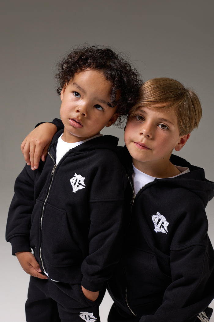 KIDS ZIP THROUGH MONOGRAM EMBLEM APPLIQUE HOODIE - BLACK