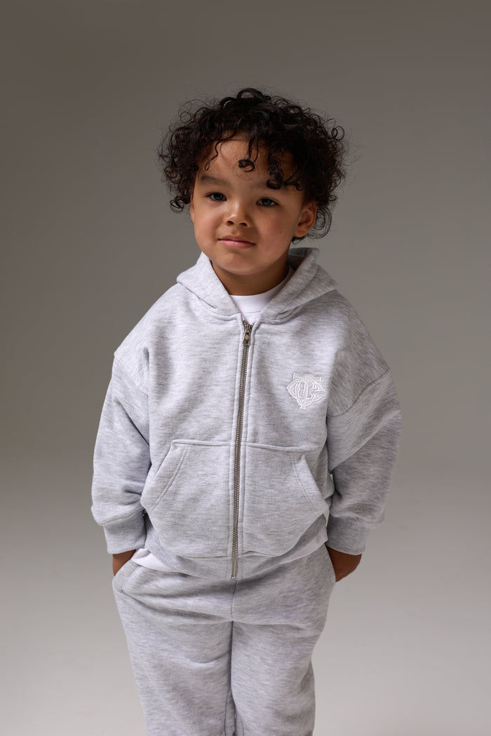 KIDS ZIP THROUGH MONOGRAM EMBLEM APPLIQUE HOODIE - GREY MARL