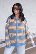 Women's blue and tan striped sweater knit jacket with a zipper front and hood by Mustard Seed
