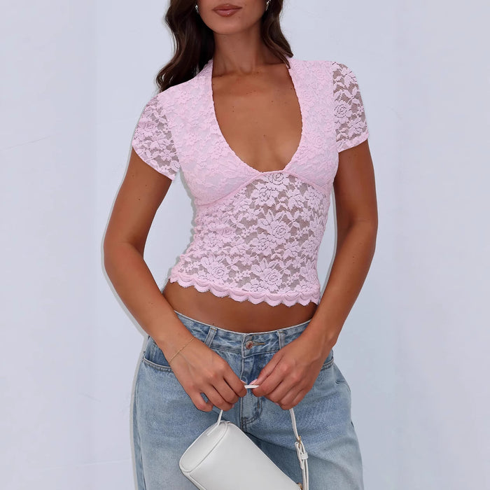 lace slim fit women top pink lace blouse daily casual wear