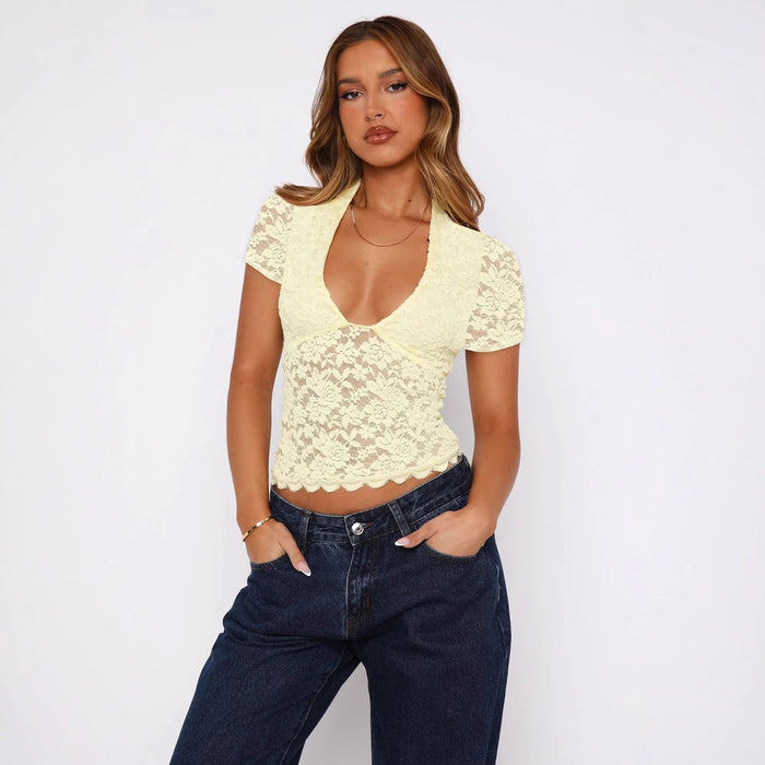 lace slim fit women top stylish lace v neck fashion outfit