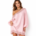 Lace trim top for women in solid color with off shoulder neckline, long sleeves, loose fit and casual styling for daily looks