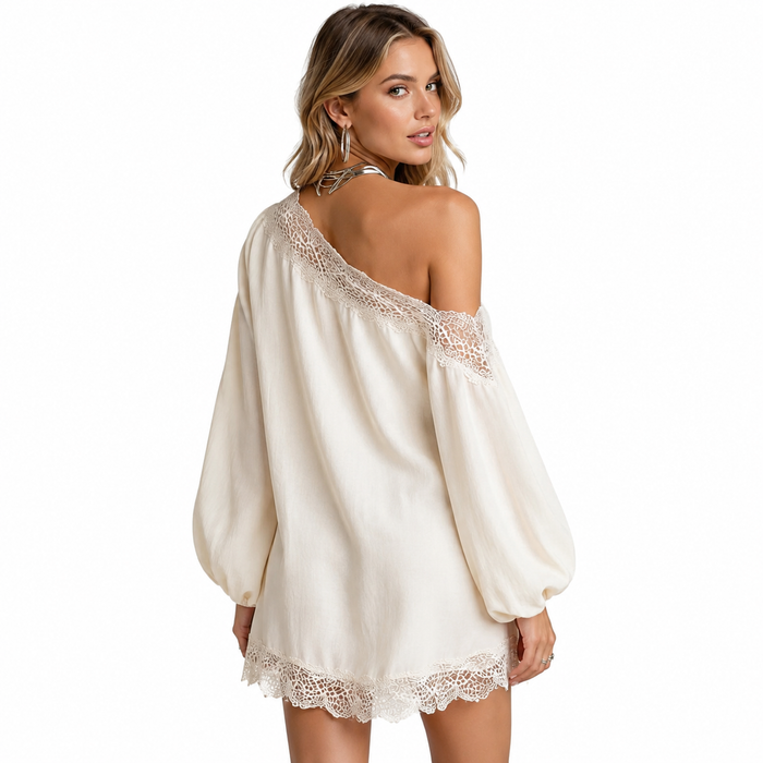 Ivory white lace trim top for women with one shoulder detail, long sleeves and relaxed styling for clean wardrobe looks today
