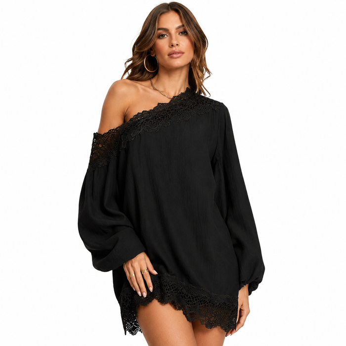 Black lace trim long sleeve top with off shoulder design, loose fit shape and solid color finish for easy evening styling now