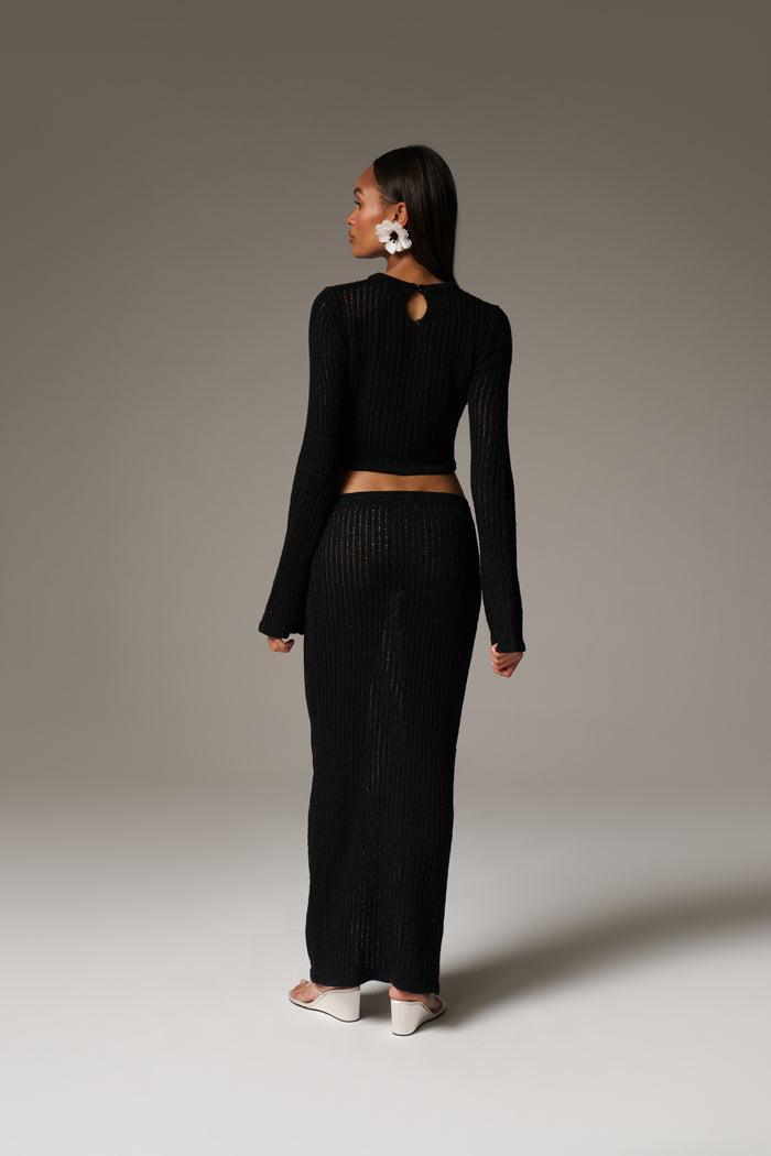 LADDER KNIT LONG SLEEVE TOP - BLACK