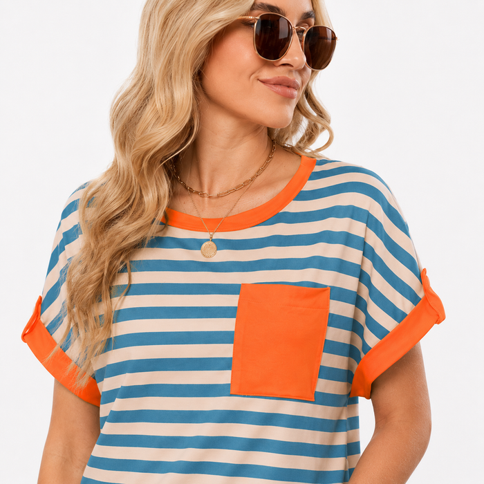 Ladies casual short sleeve top in vibrant print, relaxed silhouette, soft polyester fabric, and simple pullover design daily.
