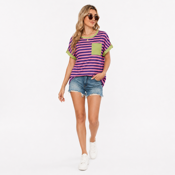 Casual printed short sleeve top for women, loose fitting shape, easy pullover style, and flattering everyday comfort all day.