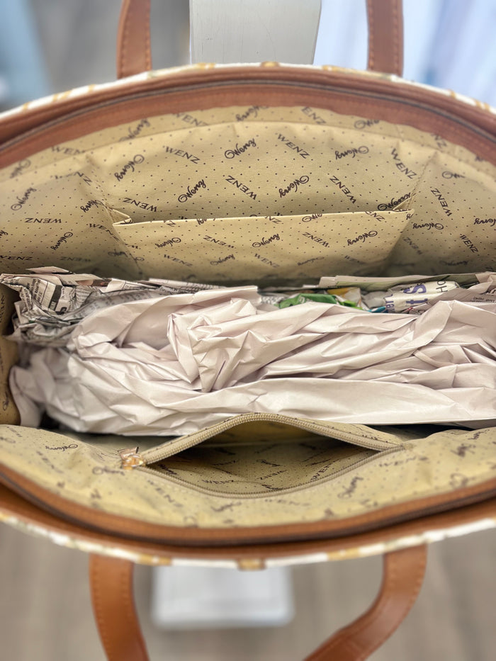 Open tote bag with pockets.