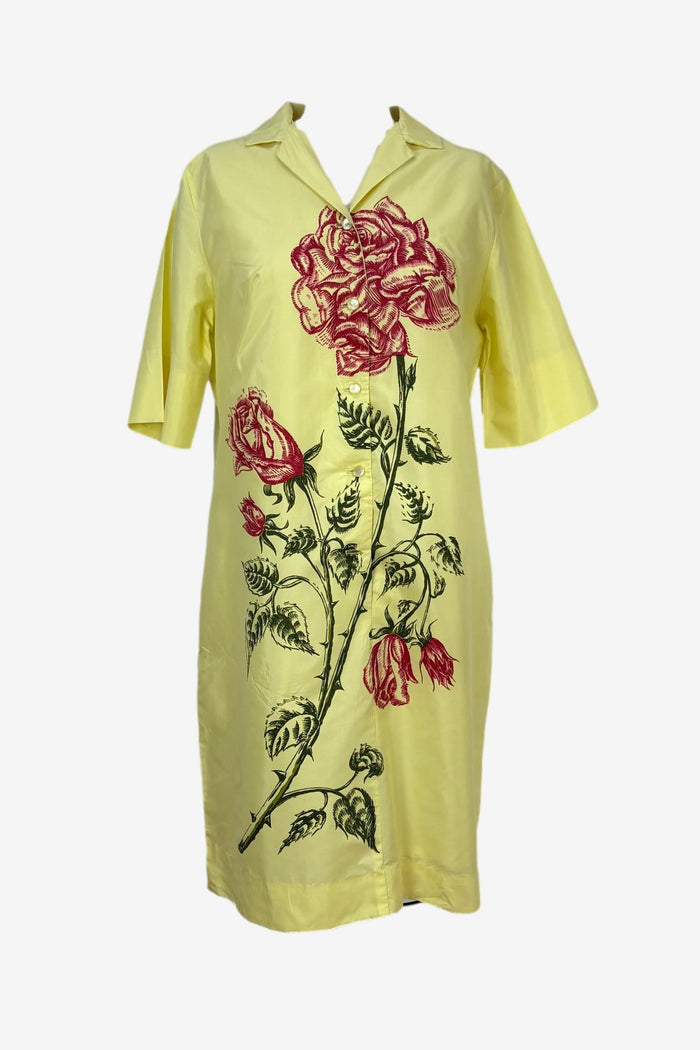 Lemon Yellow shirt front dress with rose floral print