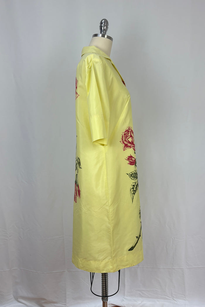 Lemon Yellow shirt front dress with rose floral print