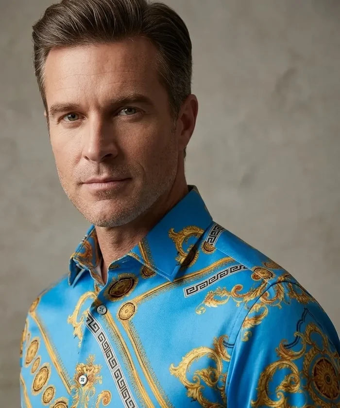 Light Blue Baroque Chain & Paisley Print Men`s Shirt