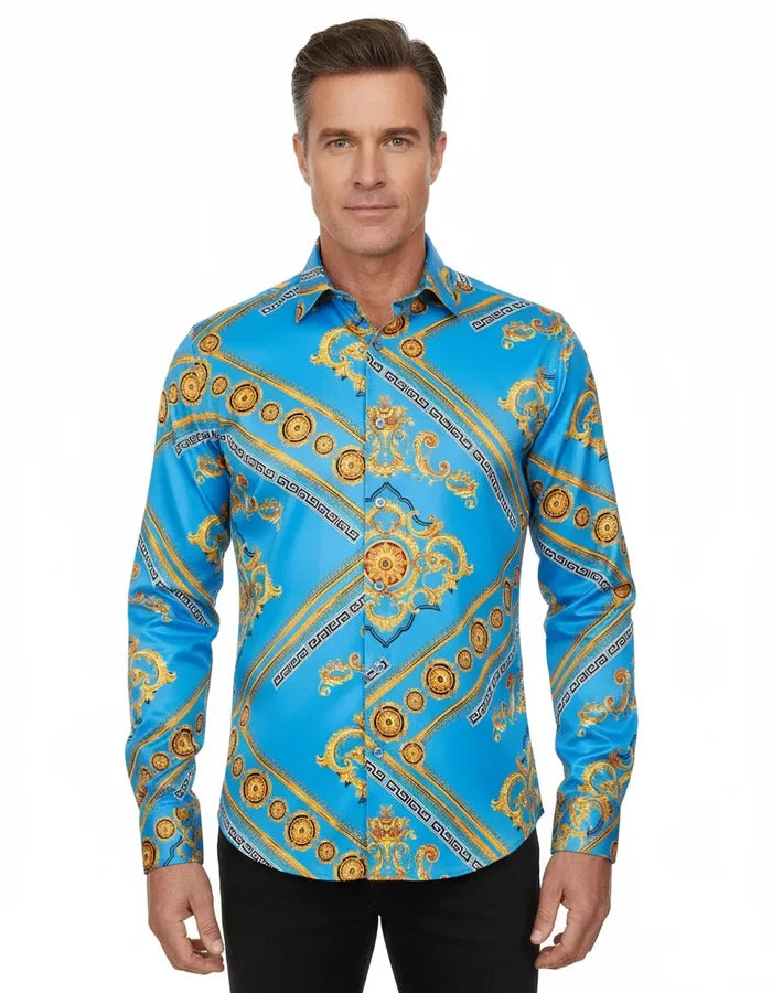 Light Blue Baroque Chain & Paisley Print Men`s Shirt-Makrom