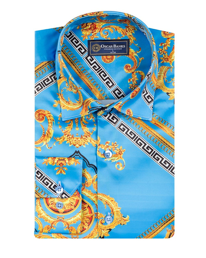 Light Blue Baroque Chain & Paisley Print Men`s Shirt-Makrom